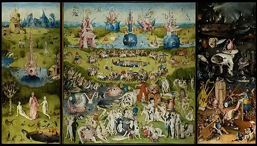 Grădina desfătărilor umane; de Hieronymus Bosch; cirda 1504; unei pe panouri; 2,2 x 1,95 m – panoul central; Muzeul Prado (Madrid, Spania)