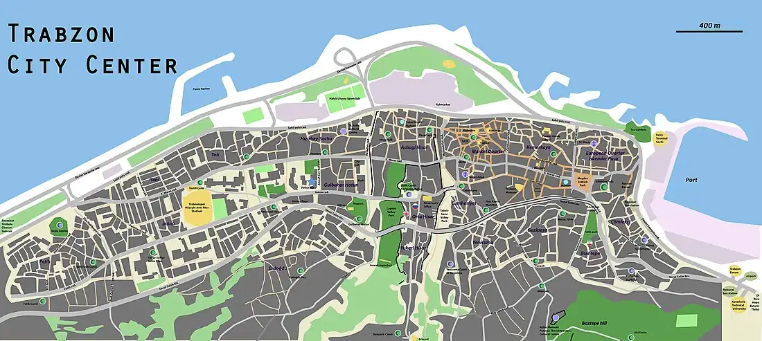 Map of Trabzon's city centre, showing its walls, main streets, sights and parks.