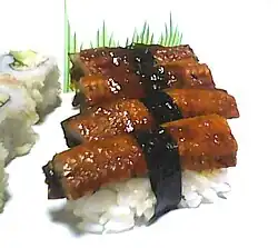 Unagi (anghilă de apă dulce prăjită cu teriyaki) sushi (鰻寿司)