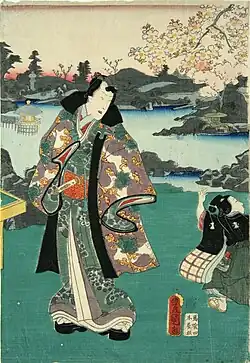 Utagawa Kunisada (1786 - 1864), Japonia. Genji, modern, admirând florile de cireș, 1859, Xilogravură color. hârtie