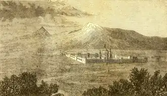 Vedere a muntelui Ararat și a Mănăstirii Ecimiadzin, în Călătorie pe Ararat a lui Friedrich Parrot, 1846