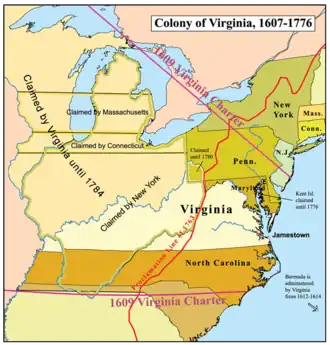 O hartă a coloniilor Virginia, New York, Maryland și Connecticut