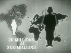 A black-and-white screenshot of an image of a world map. Above the United States is a figure of a white soldier, and above Asia is a larger black soldier. Text at the bottom-left of the image states "30 Millions vs. 200 Millions".