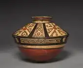 Vas în formă de carape de broască; secolele al XI-lea-al XIV-lea; ceramică pictată; per ansamblu: 22,9 x 29,2&nbsp;cm; din Panama; Muzeul de Artă din Cleveland