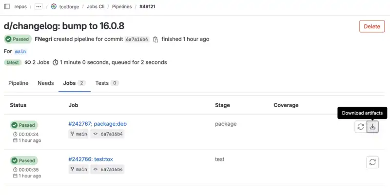 GitLab pipeline showing the package:deb job