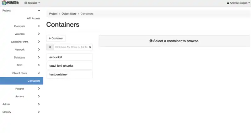 Horizon web interface displaying the Object store tab