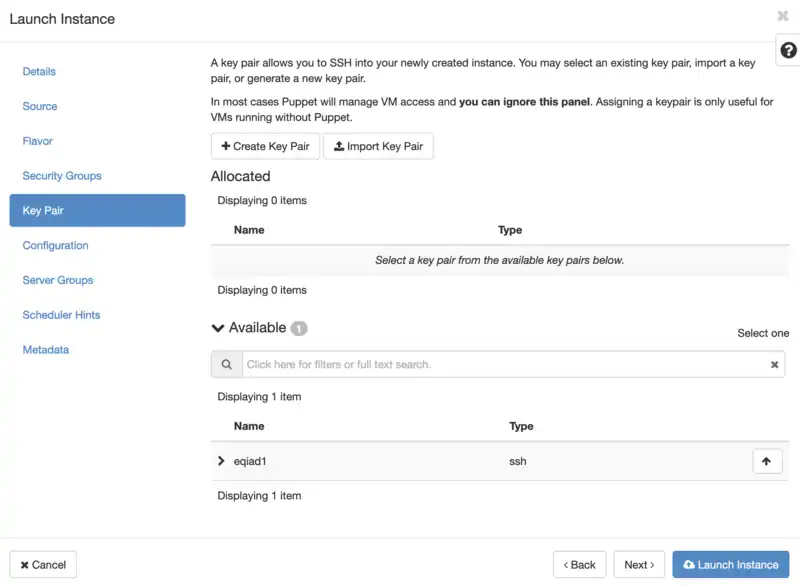 The Horizon 'create instance' dialog box, showing the 'Key Pair' tab. This tab includes buttons to create and import keypairs as well as an interface for adding or removing a given keypair to or from an instance before creation.