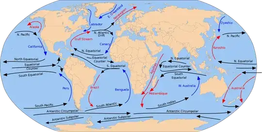 Earth's global currents, courtesy of Wikipedia, Shadowxfox, and Popadius