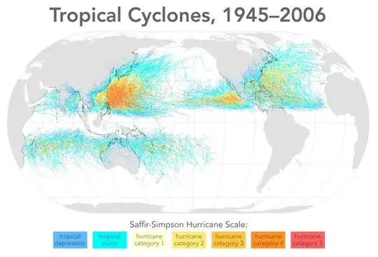 Pattern of hurricanes over 50 years, Wikipedia