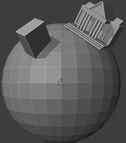 model of two buildings on a tiny planet