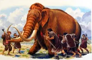 Bernard Long, "Early Hunters Attacking a Woolly Mammoth"