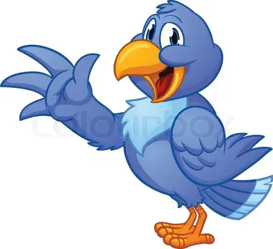 A cartoon bird with one wing folded at its side and the other wing forming a hand with three fingers and a thumb