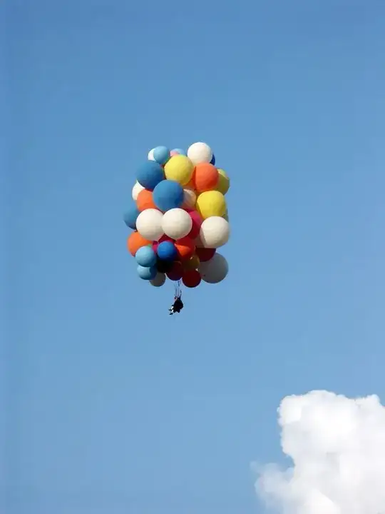 Man flying with helium filled balloons