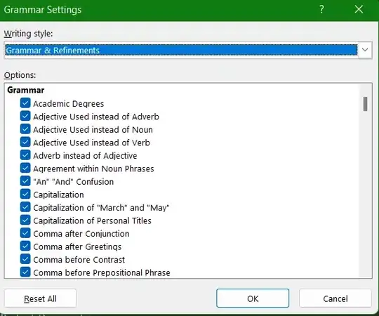Screenshot of Word Grammar Settings window which shows a large number of checkboxes controlling individual suggestion options.