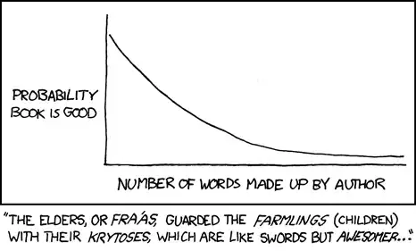 Except for anything by Lewis Carroll or Tolkien, you get five made-up words per story. I'm looking at you, Anathem. A plot of "Probability book is good" against "Number of words made up by author", showing a rapidly decreasing line. Caption: "The elders, or Fraás, guarded the farmlings (children) with their krytoses, which are like swords but awesomer..."