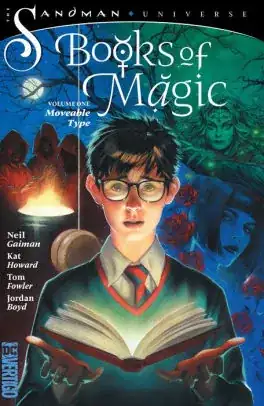 Cover image from "Books of Magic": a spectacled boy in a school uniform, holding a book
