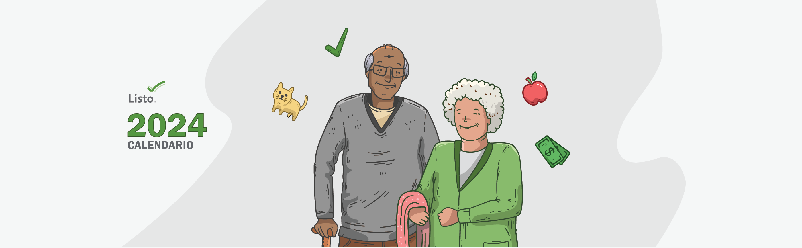 Calendario de preparación para 2024. Una pareja de ancianos juntos sonriendo.