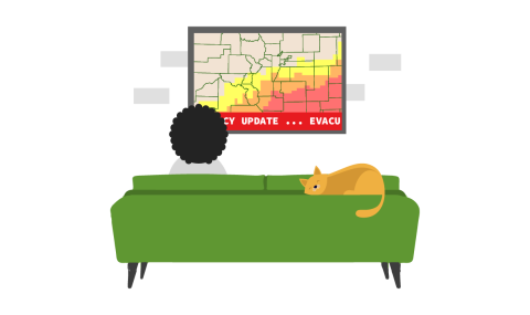 A woman sitting on the couch watching the news as it shows evacuation routes. A cat sits on the couch.